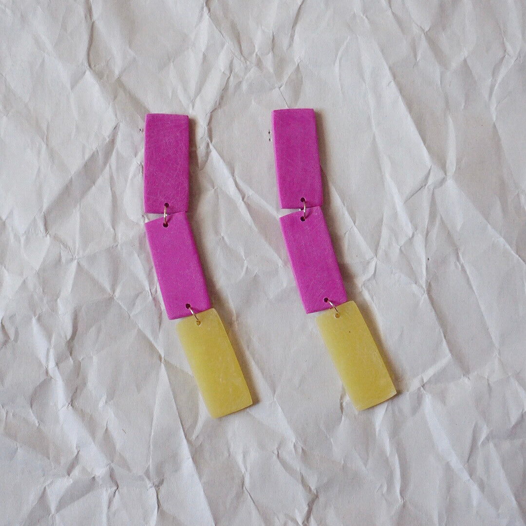 Linear Stack Earrings in Magenta/Translucent Chartreuse